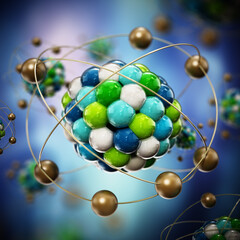 Abstract molecule model consisting of colored spheres. 3D illustration
