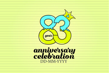83 year anniversary blue and yellow color cartoon style, sweet style, candy look, with paper book style background - vector