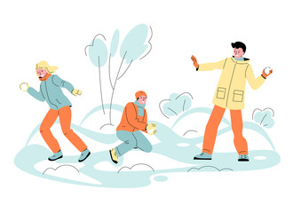 Young people are playing snowballs fight. Fun games on the background of a winter landscape. Vector illustration in cartoon style.