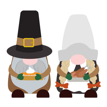 Thanksgiving gnomes characters in pilgrims costume holding turkey and pumpkin pie. Vector illustration. Isolated on white background.