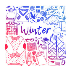 Hand drawn fashion illustration. Creative ink art work. Actual cozy vector drawing. Winter set: wear, shoes, accessories, food, drinks, things