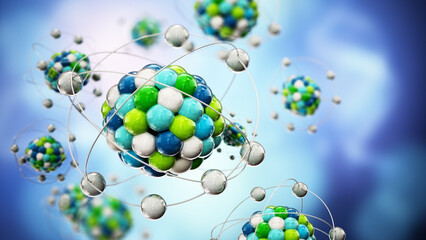 Abstract molecule model consisting of colored spheres. 3D illustration