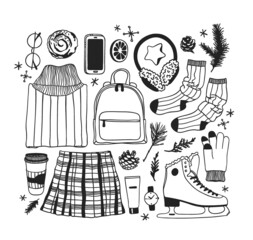 Obraz premium Hand drawn set with Ice Skating Things. Winter Sport vector background. Actual fashion illustration. Original doodle style drawing. Creative ink art work
