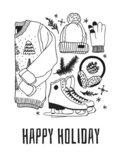 Hand drawn set with Ice Skating Things. Winter Sport vector background. Actual fashion illustration. Original doodle style drawing. Creative ink art work