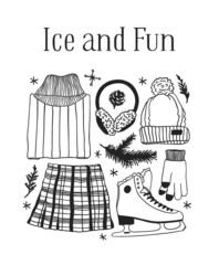 Hand drawn set with Ice Skating Things. Winter Sport vector background. Actual fashion illustration. Original doodle style drawing. Creative ink art work