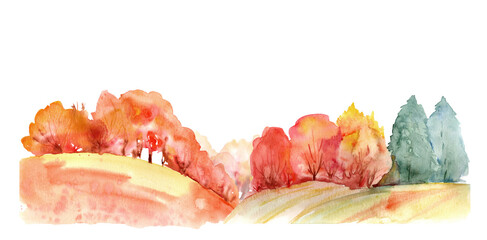 Isolated watercolor fall trees and landscape elements in red, orange, yellow, beige colors.