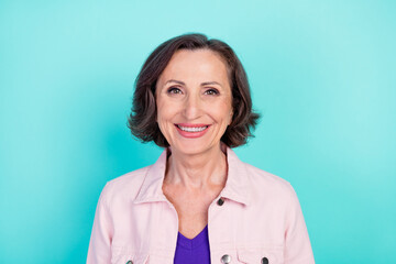Fototapeta premium Photo portrait woman in casual clothes smiling happy isolated bright teal color background
