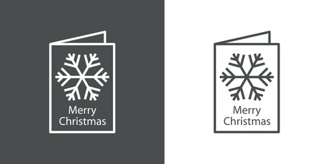 Periodo navideño. Logotipo con texto Merry Christmas en tarjeta de felicitación con copo de nieve con lineas en fondo gris y fondo blanco