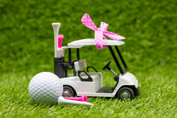 Golf cart is on green grass with pink ribbon for golf women tournament 
