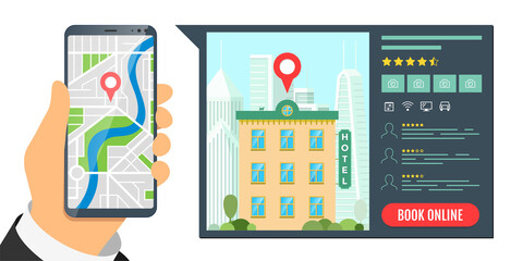 Find hotel and booking online service for vacation tourism app concept. Travel apartment mobile search and reservation banner. Motel review and location pin in city map on smartphone application. Eps