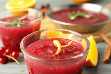 Cranberry sauce and ingredients, close up and selective focus