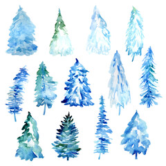 Isolated watercolor hand drawn on white background christmas Trees with snow