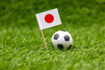 Soccer ball with flag of Japan is on green grass