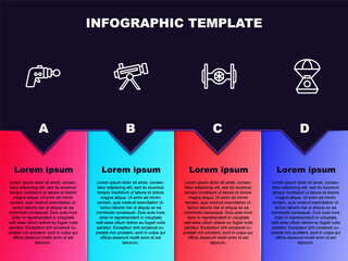 Set line Ray gun, Telescope, Cosmic ship and Space capsule. Business infographic template. Vector