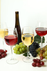 Concept of tasting various wine on white table