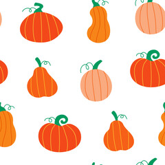 Cute orange pumpkins seamless vector pattern. Cozy autumn ornament on a white background