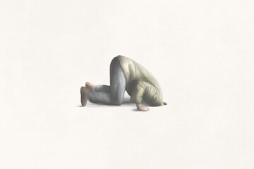 illustration of man burying head under the ground, minimal humorist ironic concept - obrazy, fototapety, plakaty
