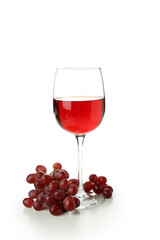 Glass of red wine and grape isolated on white background