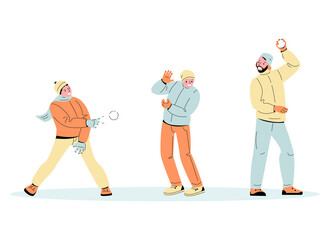 Young people are playing snowballs fight. Fun winter games. Vector illustration in cartoon style.