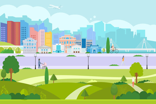 Vector poster with city view. City park with people. Modern city with skyscrapers, road and trees.