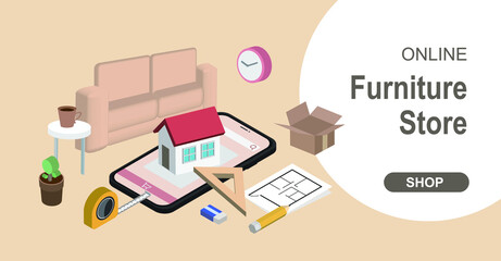 Concept furniture market shopping online delivery at home to the customer
