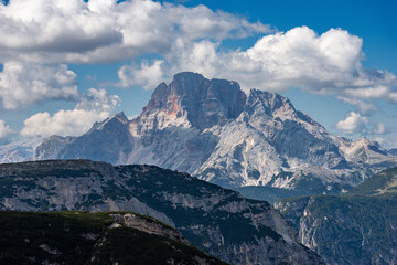 Mountain Peak of Croda Rossa D'Ampezzo or Hohe Gaisl (3146 m.) seen from the Drei Zinnen or Tre Cime di Lavaredo, Dolomites, Trentino-Alto Adige and Veneto, Bolzano and Belluno, Italy, Europe. 