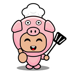 cartoon vector illustration of cute pig animal mascot costume character wearing a chef hat and holding a spatula