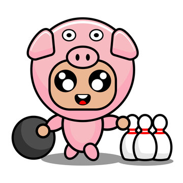 cartoon vector illustration of cute pig animal mascot costume character playing bowling