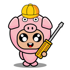 cartoon vector illustration of cute pig animal mascot costume character holding screwdriver