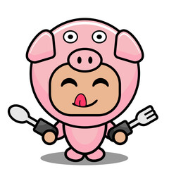 vector cartoon character cute pig hungry animal mascot costume holding spoon and fork