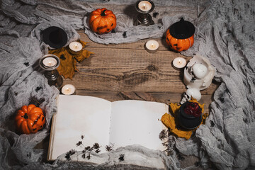 Halloween background. Opened book of bewithcment.