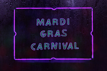 Neon Mardi Gras Party Sign in Rainy Window