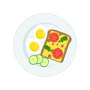 Boiled eggs, sandwich, tomatoes, cucumbers, arugula on a plate for breakfast or lunch. Healthy food. Vector illustration isolated on a white background
