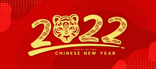 Fototapeta chinese new year, year of the tiger banner - gold 2022 number of year with head paper cut head tiger zodiac on red abstract background vector design obraz