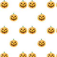 White seamless halloween background with orange pumpkin faces pattern. Vector illustration.