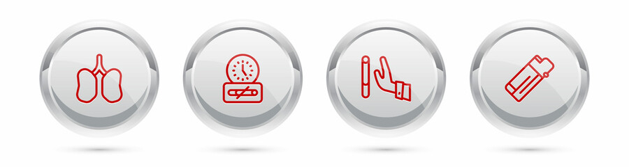 Set line Lungs, No smoking time, Giving up cigarette and Lighter. Silver circle button. Vector