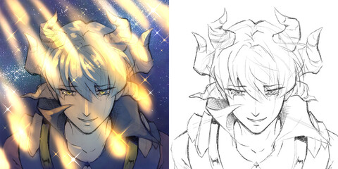 Portrait of a crying demon man with horns. He is looking at a rain of beautiful fireworks, his tears are happy ones. Digital manga style artwork illustration  sketch and colored art included © Alice