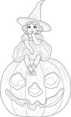 Cute cartoon little girl in witch hat sitting on carved pumpkin sketch template. Spooky Halloween vector illustration in black and white for game, pattern, wallpaper, decor. Coloring paper, page, book