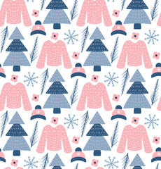 Winter boho seamless pattern in hipster style. Christmas tree repeating texture, background. Vector illustration