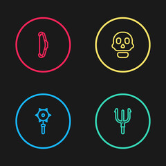 Set line Medieval chained mace ball, Neptune Trident, Skull and bow icon. Vector