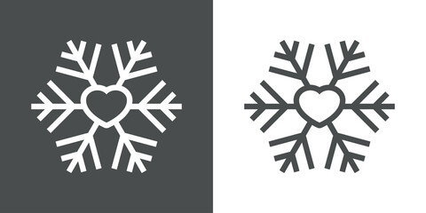 Icono plano lineal silueta de copo de nieve con corazón con lineas en fondo gris y fondo blanco