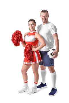 Cheerleader and football player on white background