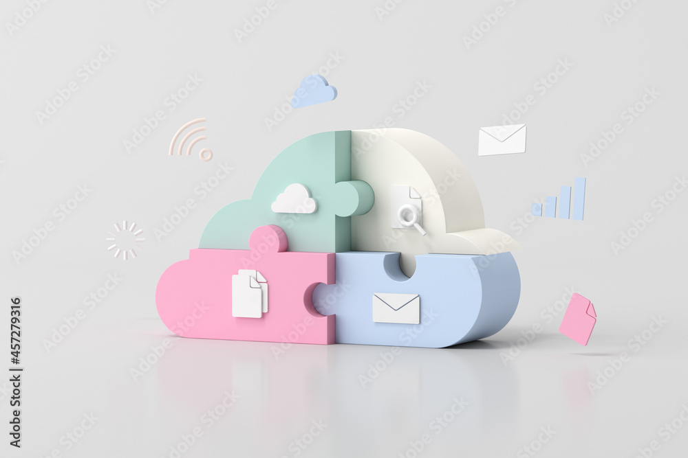 Poster illustration of cloud computing concept design, jigsaw puzzle pieces, 3d rendering.