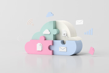 Illustration of cloud computing concept design, Jigsaw puzzle pieces, 3d rendering.