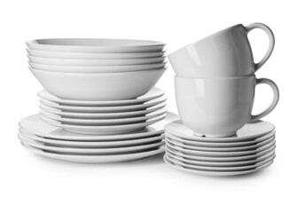 Different clean dishes on white background - obrazy, fototapety, plakaty