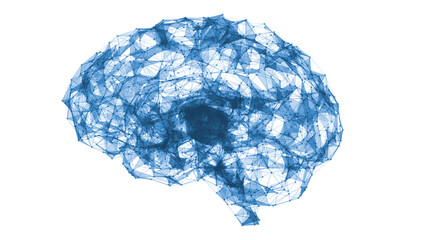 Digital data and network connection of blue color human brain isolated on white background. Artificial intelligence 3d conceptual illustration