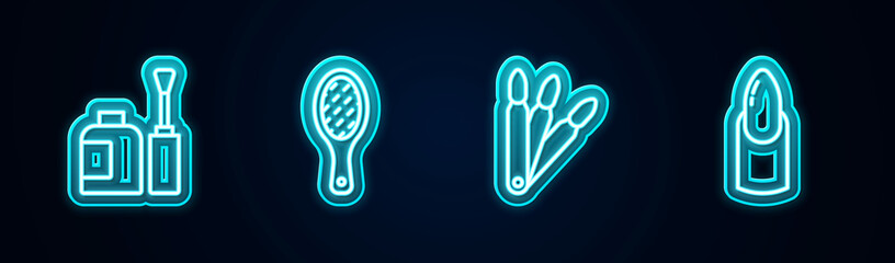 Set line Bottle of nail polish, Nail file, False nails and manicure. Glowing neon icon. Vector