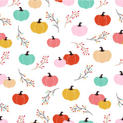 Fall pattern design. Seamless background with colorful pumpkins and leaves. 