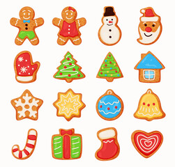 Collection Christmas oatmeal cookie food vector flat illustration. Set of festive biscuit cake