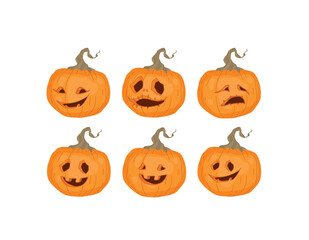 Pumpkin, Jack the lantern set. Autumn decorative design, Halloween. Isolated vector colorful element on a white background.